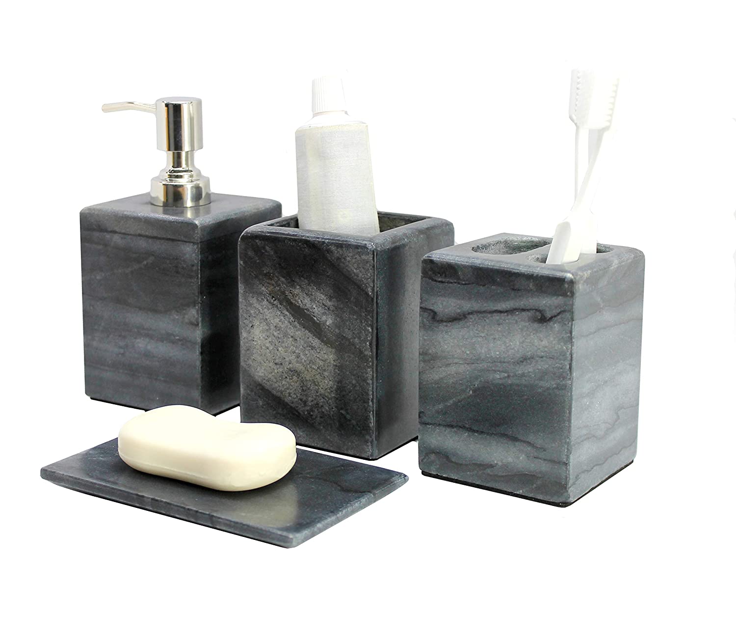 KLEO - Bathroom Accessory Set Made from Natural Stone - Bath Accessories Set  of 4 Includes Soap Dispenser, Toothbrush Holder, Utility and Soap Dish -  StonKraft
