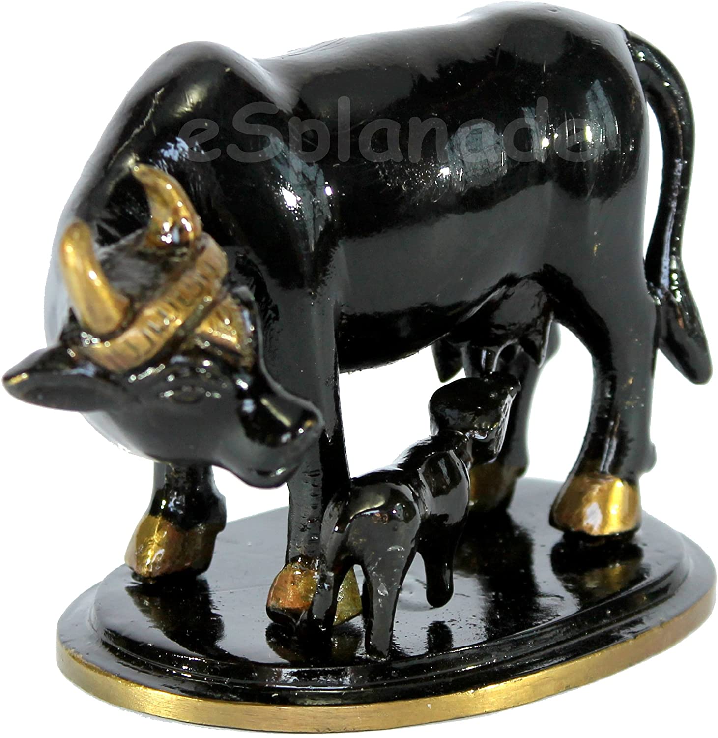 eSplanade Beautiful Lucky Figurine - Nandi Kamadhenu Cow Black Kamdhenu Cow  and Calf Holy Cow Brass Sculpture