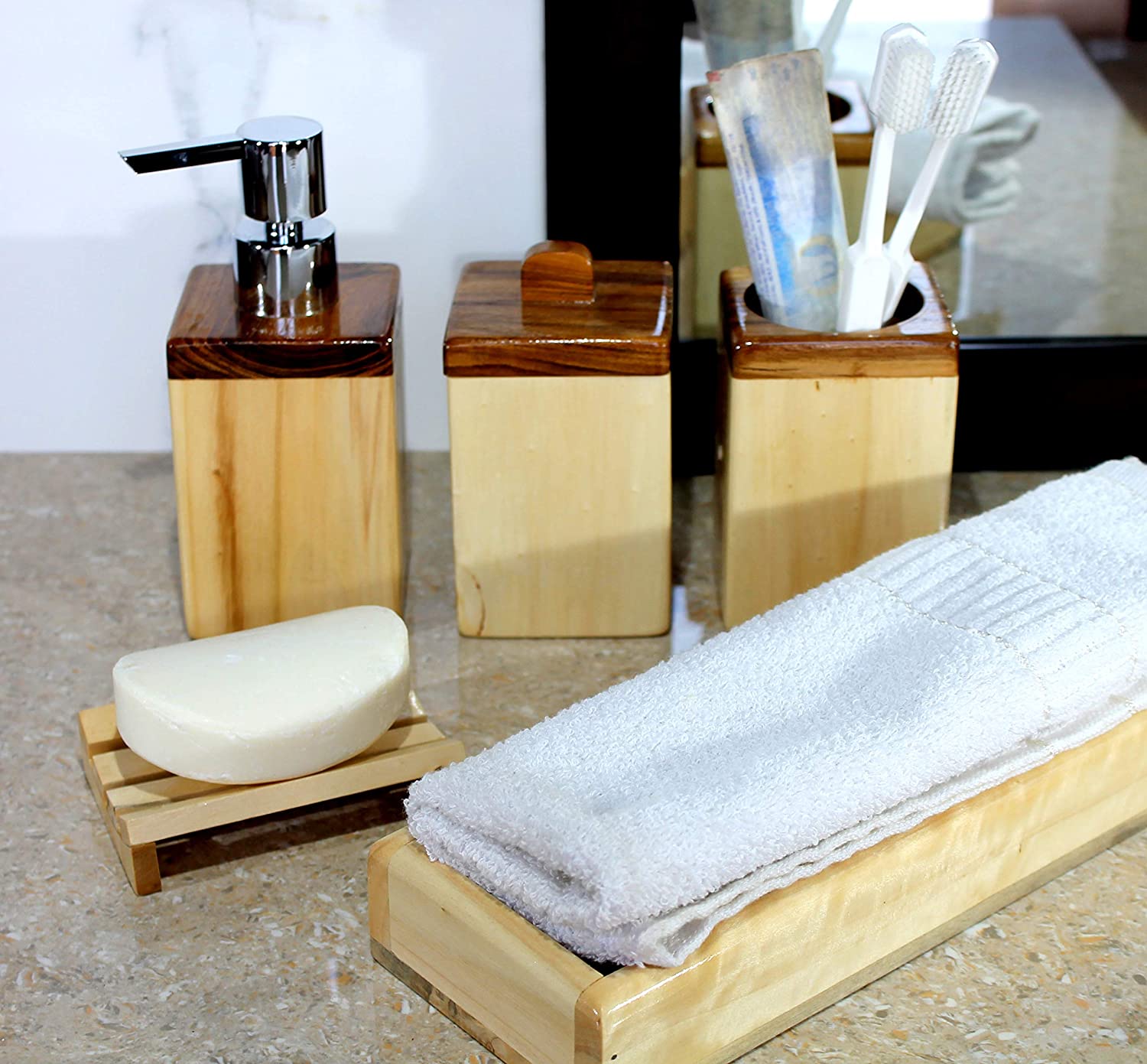 Wood Bathroom Accessories Set, Wooden Soap Dispenser, Toothbrush