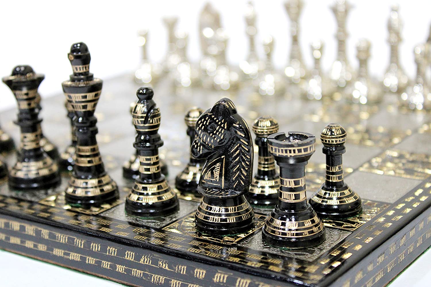 Stonkraft Collectible Green Marble Chess Board Set + Brass Crafted Pieces Pawns - Decorative Stone Chess - Home Décor - 20 Inches