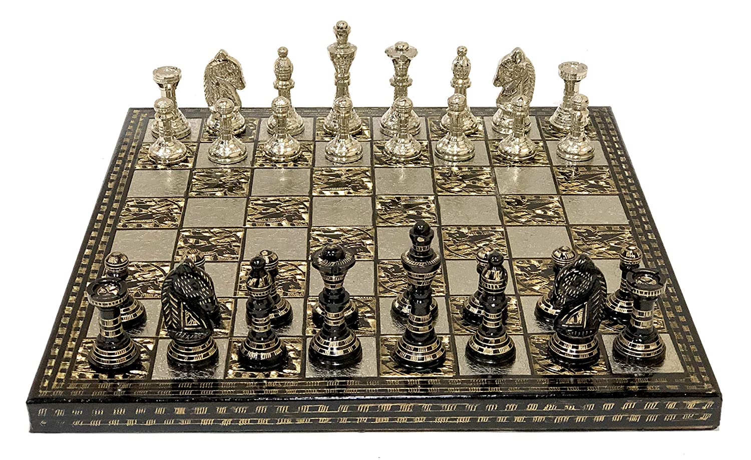 Stonkraft Collectible Green Marble Chess Board Set + Brass Crafted Pieces Pawns - Decorative Stone Chess - Home Décor - 20 Inches