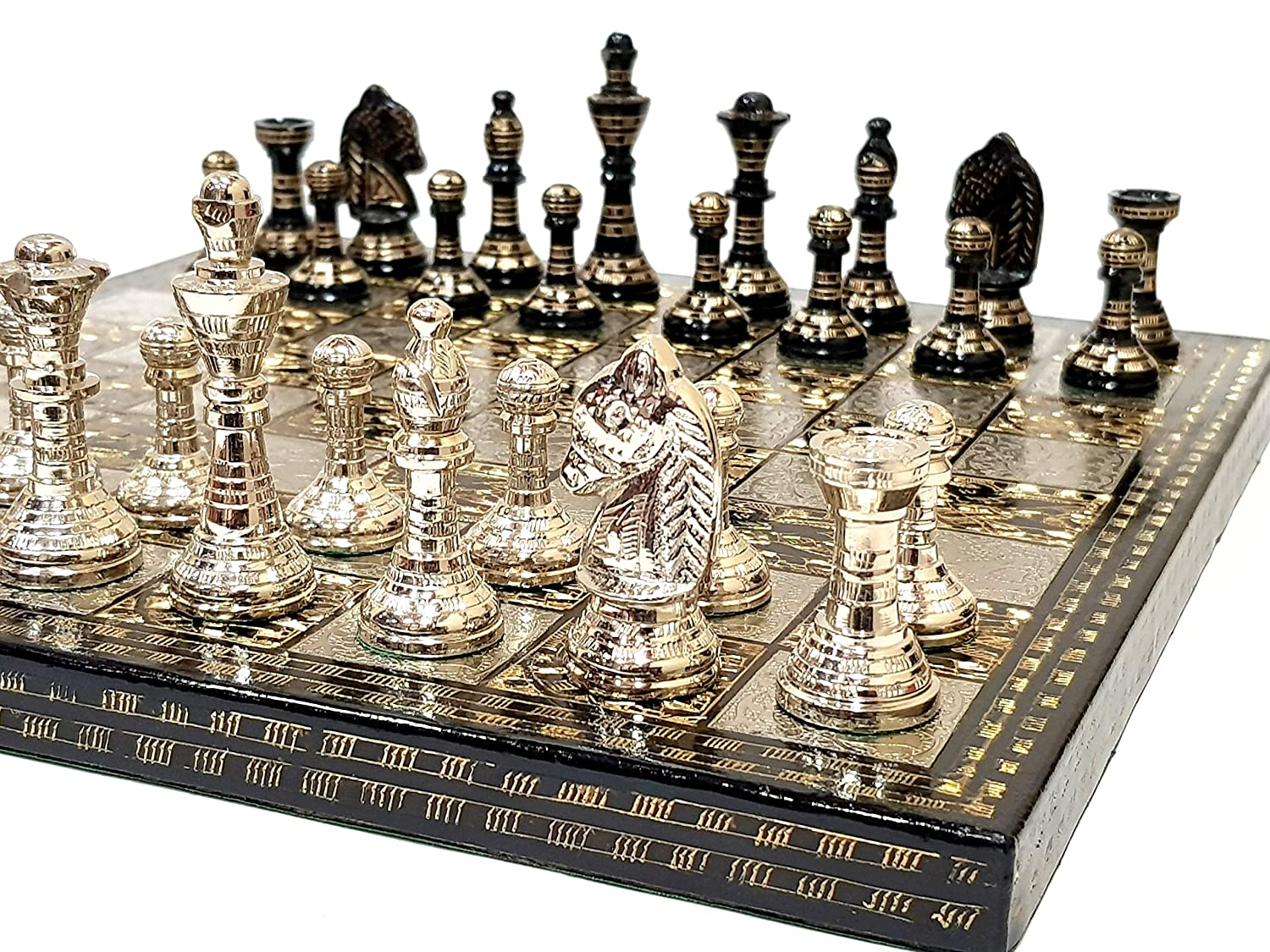 Brass Metal Luxury Chess Pieces & Board Combo Set in Shiny Gold