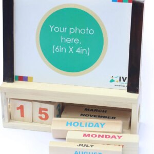 IVEI Wooden Desk Calendar with Photo Frame - Utility Desk Calendar - Wooden Perpetual Calendar Set for Desk Decor, Study Room- Endless Calendar with Photo Frame for Office, School, Home - Brown Finish