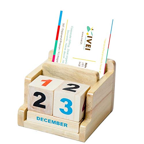 IVEI Wooden Desk Calendar with Pen/Card Holder - Lifetime Calendar - Minimal Desk Calendar & Pen Holder - Mini Desk Organizer Wooden Perpetual Calendar Set for Desk Decor, Study Room, Home & Office