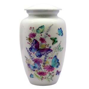 eSplanade Metal Cremation Urn Memorial Jar Pot Container | Full Size Urn for Funeral Ashes Burial | Colorful Butterflies Print | White - 10" Inches