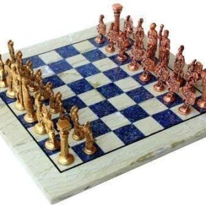 StonKraft Collectible Australian Marble and Lapis Lazuli Chess Board Set + Brass Roman Chess Pieces Pawns - Decorative Stone Chess - 15" Inches