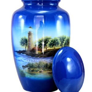 eSplanade Metal Cremation Urn Memorial Jar Pot Container | Full Size Urn for Funeral Ashes Burial | Lighthouse Printed Urn | Blue-Multi - 10" Inches