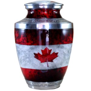 eSplanade Metal Cremation Urn Memorial Jar Pot Container | Full Size Urn for Funeral Ashes Burial | Maple Leaf Print | White-Red - 10" Inches