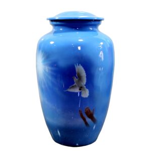 eSplanade Metal Cremation Urn Memorial Jar Pot Container | Full Size Urn for Funeral Ashes Burial | White Pigeon Print | Blue - 10" Inches