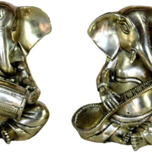 eSplanade 6" Brass God Ganesha Playing Musical Instruments Sitting Statues Set of 2