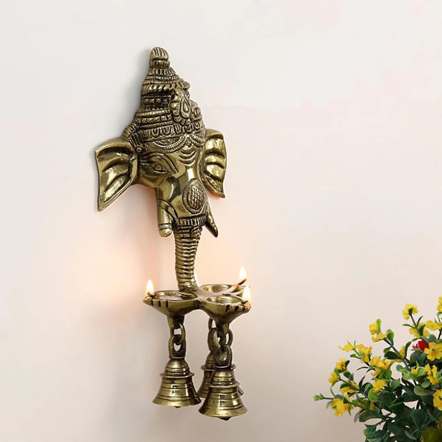 Aakrati Wall Hanging Three Diya Oil Lamp with small bells