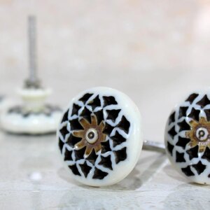 eSplanade Cupboard Cabinet Door Decorative Knobs - Set of 4 | Drawer Handles Cupboard Pulls Almirah Hooks | Round-Floral - Acrylic Plastic - Diameter 4 cms - White-Black (Floral Knob 8)