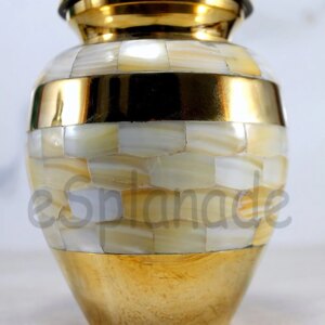 eSplanade Brass Cremation Urn Memorial Jar Pot Container | Medium Size Urn for Funeral Ashes Burial | Mother of Pearl (MOP) Pattern Metal Urn | Golden - 6" Inches