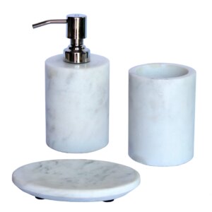 KLEO - Bathroom Accessory Set of 3 Made from Natural Stone - Bath Accessories Set Includes Soap / Lotion Dispenser, Toothbrush Holder, Soap Dish - White