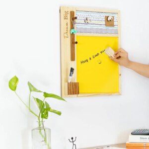 IVEI Dry Erase Yellow Board with Magnetic Board, Pen Stand and Key Hooks| Mutli Utility Combination Board for Home, Office| Utility Wall Decor | Engraved Moti