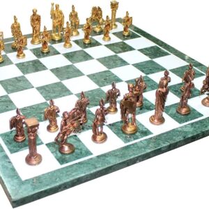 StonKraft Collectible Green Marble Chess Board Set + Brass Roman Chess Pieces Pawns - Decorative Stone Chess - Home Decor - 20" Inches