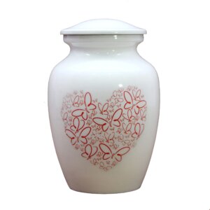 eSplanade Metal Cremation Urn Memorial Jar Pot Container | Medium Size Urn for Funeral Ashes Burial | Butterflies Printed Metal Urn | White-Red - 6" Inches