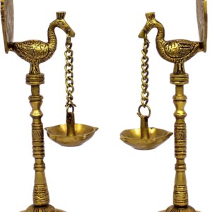 eSplanade Brass Peacock Diya Pair Oil Lamp Diya Deepam Kuthu Vilakku (Set of 2) for Temple Home | Pooja Articles - Home Decor | Golden - 9" Inches