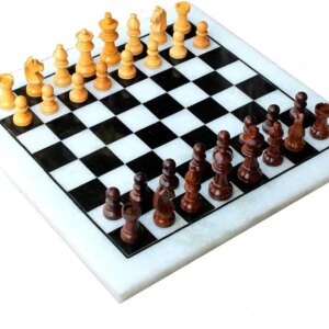 StonKraft Collectible White Natural Stone & Black Marble Chess Board + Wooden Crafted Chess Pieces Pawns - Decorative Stone Chess - Home Decor - 12" Inches