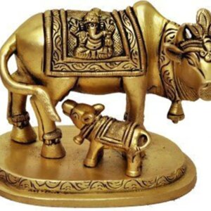 eSplanade Brass Holy Kamdhenu Cow and Calf Sculpture | Holy Cow Brass Idol Beautiful Lucky (Carved Cow)