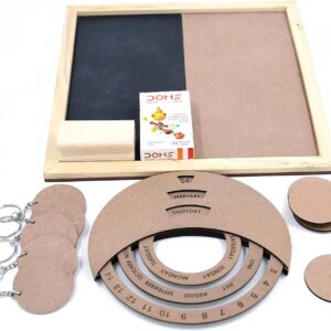 IVEI DIY MDF DIY Blackboard Pack with Rotational Calendar, 5 Round Magnets and 5 Round Keychains