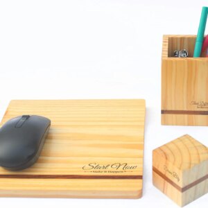 IVEI Pine Wood Penstand,Mouse Pad, Paper Weight Combo - Customised Work from Home Gift Set/ Customized Desk Organiser - with Name or Logo Engraving