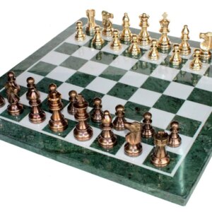 StonKraft Collectible Green Marble Chess Board Set + Brass Crafted Pieces Pawns - Decorative Stone Chess - Home Decor - 20" Inches
