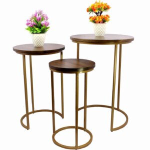 eSplanade Round Wooden Corner Table Stand | Coffee Table Stand for Living Room Dining Room | Set of 3 - Wood-Metal - 23" x 16" - Brown