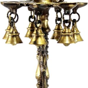 eSplanade Brass Diya Indian pooja lamp| Brass Deepak Deepam Kuthu Vilakku| with bells| (Peacock).17'' inches