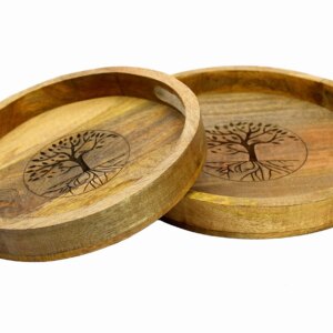 KLEO Wooden Engraved Round Shape Serving Trays - Set of 2 - Serveware Tableware - Brown - 14" Inches Dia.