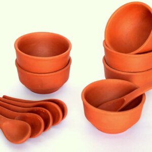 KLEO - Clay Re-usable Soup Bowls and Spoons - Set of 12 | Terracotta Soup Bowls Set - 3.75" Inches - Brown