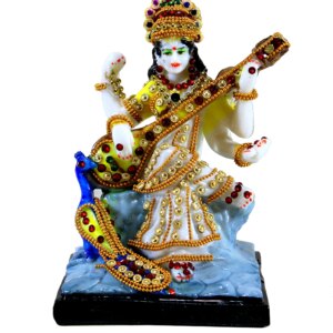 eSplanade Resin Saraswati Maa Murti Idol Statue Sculpture - 11" Inches - Multi (Multicolor peacock)