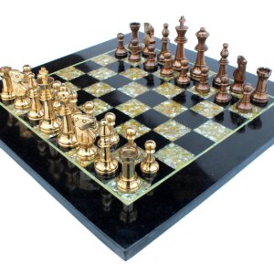 StonKraft Collectible Black Marble & (MOP) Mother of Pearl Chess Board Set + Brass Chess Pieces - Decorative Stone Chess - Home Decor - 15" Inches