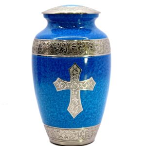 eSplanade Brass Cremation Urn Memorial Jar Pot Container | Full Size Urn for Funeral Ashes Burial | Holy Cross Printed Urn | Blue - 10" Inches