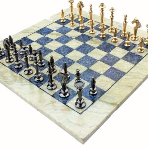 StonKraft Collectible Australian Marble and Lapis Lazuli Chess Board Set + Brass Chess Pieces Pawns - Decorative Stone Chess - 15" Inches