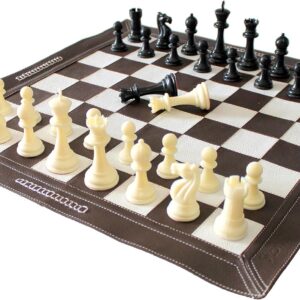 Stonkraft - 19" x 19" Genuine Leather Roll-Up Tournament Chess Set with Plastic Chess Pieces - Dark Tan