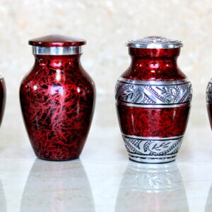 eSplanade Metal Mini Cremation Urn Keepsake Memorial Jar Pot Container - Set of 4 | Small Urns for Funeral Ashes Burial | Engraved and Textured Keepsakes | Red - 3" Inches