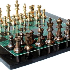 StonKraft Collectible Black Marble and Malachite Stone Chess Board Set + Brass Chess Pieces Pawns - Decorative Stone Chess - Home Decor - 15" Inches