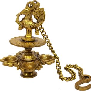 eSplanade Brass Peacock Design 4 Oil Wick Diya Deepam Kuthu Vilakku Oil Lamp for Temple Home | Pooja Articles - Home Decor | Golden - 6" Inches