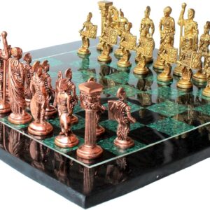 StonKraft Collectible Black Marble and Malachite Stone Chess Board Set + Brass Roman Chess Pieces Pawns - Decorative Stone Chess - Home Decor - 15" Inches