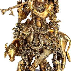 eSplanade Brass Krishna with Cow, Gopal, Kishan Thakurji Murti Idol Statue Sculpture or Pooja Idols for Home Decor (Very Big Size' 31" inches)