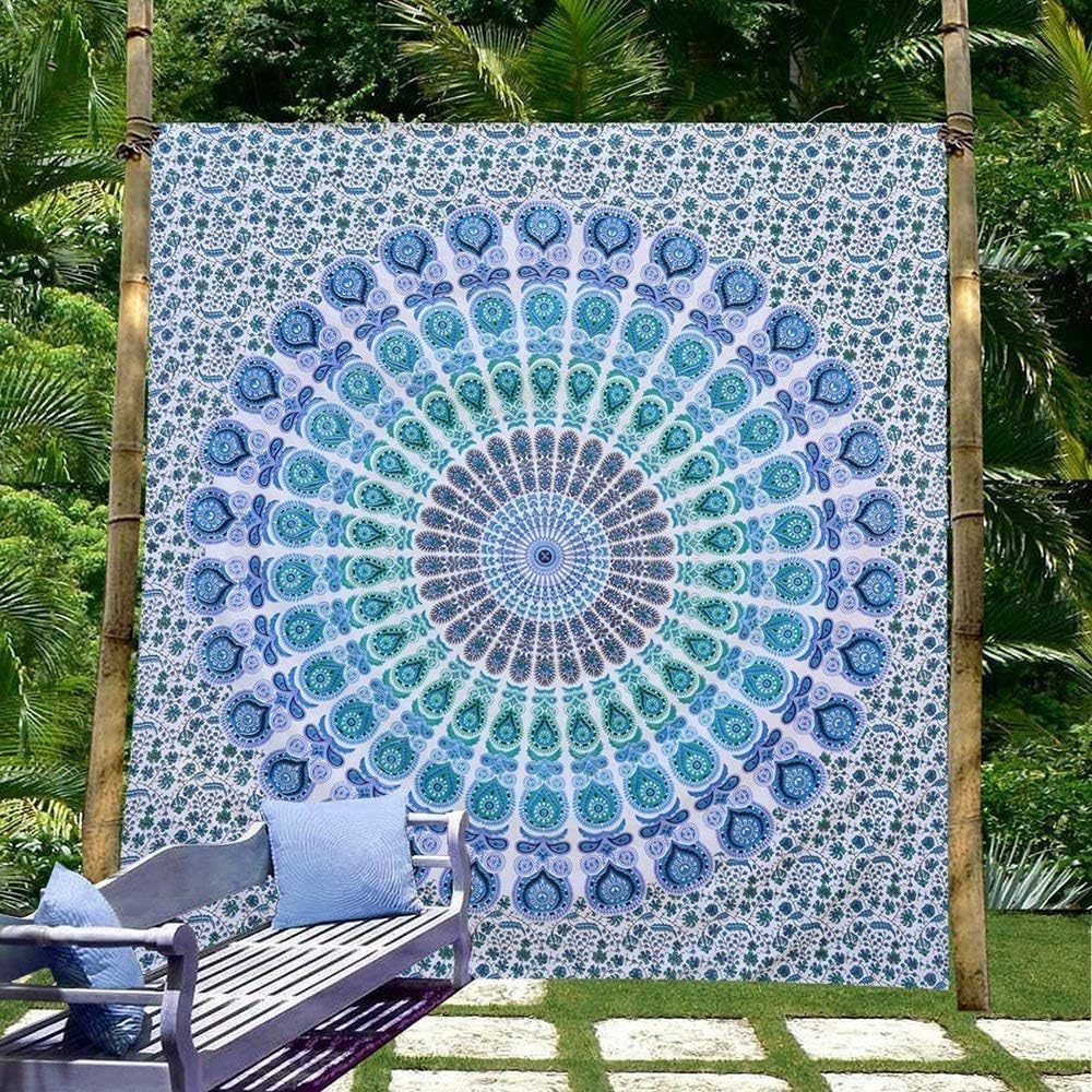 eSplanade Psychedelic Peacock Mandala Wall hanging Floral Gold Bedding Tapestry Queen size bedsheet (Blue)