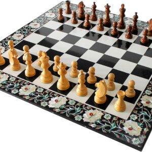 StonKraft Collectible Black & White Marble Stone Chess Board Set + Wood Crafted Pieces - Coffee Table Centre Table Top Without Stand - Pietra Dura Inlay Work - 24" Inches