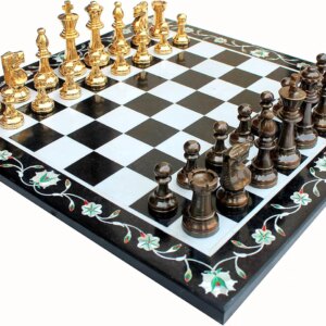 StonKraft Collectible White & Black Marble Chess Board Set + Brass Crafted Pieces - Pietra Dura Inlay Work - Decorative Stone Chess - Home Decor - 15" Inches