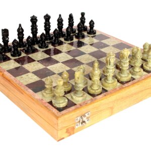 14" x 14" Hand-carved Wooden Stone Inlay Chess Game Board Set + Handcrafted Stone Pieces