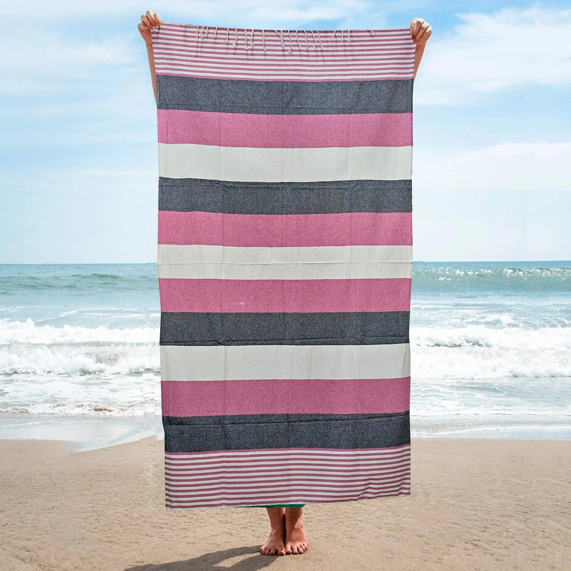 Ultra-Absorbent 100% Cotton Bath Towel - Ideal for Beach & Travel, Quick-Dry, Lightweight | Fast Drying | Multi-Purpose Towels | Striped (Pink)