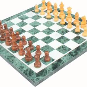 StonKraft Collectible Green Marble Chess Board Set + Wooden Crafted Pieces Pawns - Decorative Stone Chess - Home Decor - 15" Inches