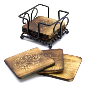 StonKraft Wooden Tea Coffee Coasters/Rustic Vintage Look Coasters Set with Wrought Iron Holder