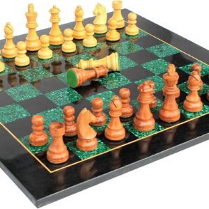 StonKraft Collectible Black Marble and Malachite Stone Chess Board Set with Wooden Chess Pieces (2 Extra Queens) - Home Decor - 21" Inches