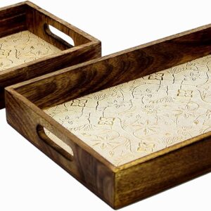 eSplanade KLEO Wooden Engraved Serving Tray - Set of 2 - Serveware Tableware - Wood with Foil Work - 14" Inches - Brown